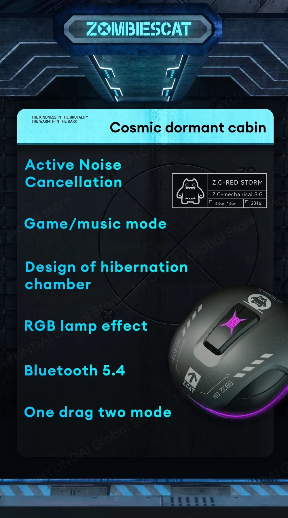 ZOMBIESCAT Bluetooth Wireless RGB Light ANC Earbuds