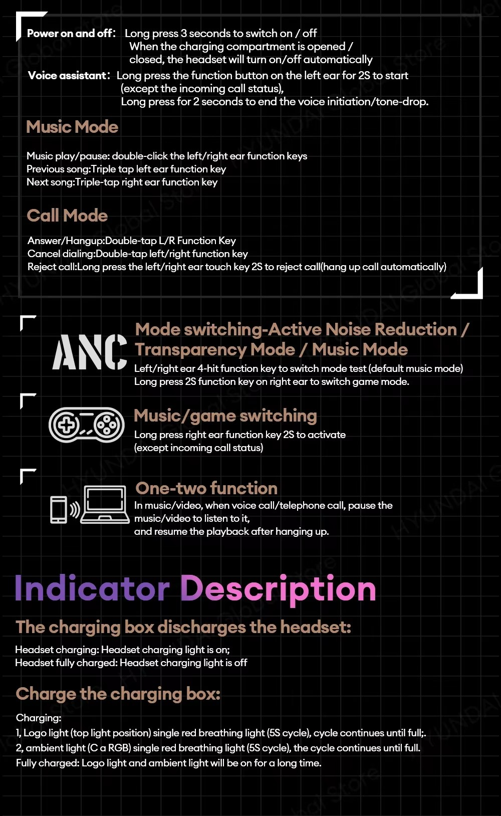 ZOMBIESCAT Bluetooth Wireless RGB Light ANC Earbuds