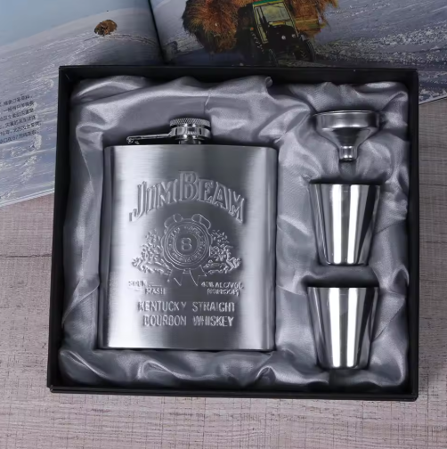Vintage Stainless Steel Whiskey Flask Gift Set