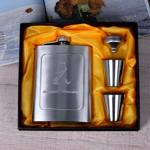 Vintage Stainless Steel Whiskey Flask Gift Set