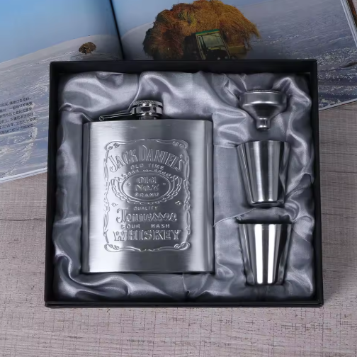 Vintage Stainless Steel Whiskey Flask Gift Set