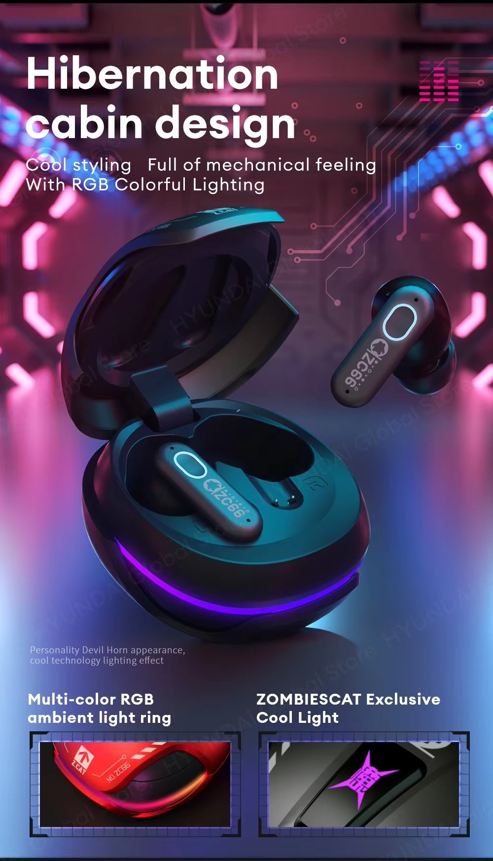 ZOMBIESCAT Bluetooth Wireless RGB Light ANC Earbuds