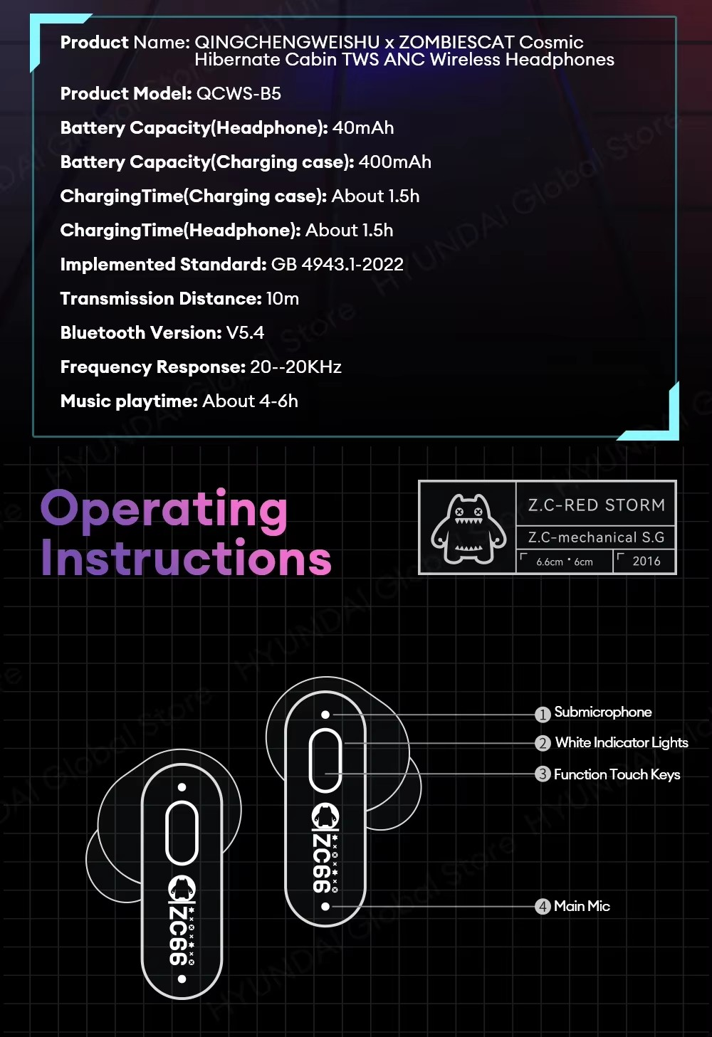 ZOMBIESCAT Bluetooth Wireless RGB Light ANC Earbuds