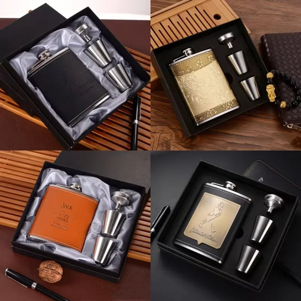 Vintage Stainless Steel Whiskey Flask Gift Set